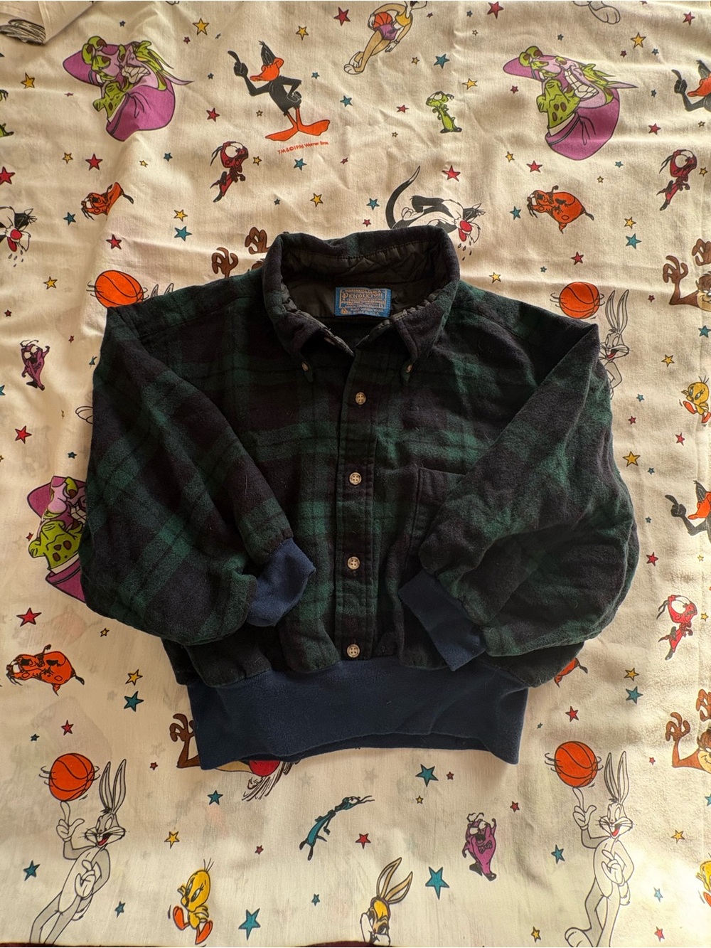 Pendleton Black & Dark Green Plaid Quilted-Collar Wool Jacket